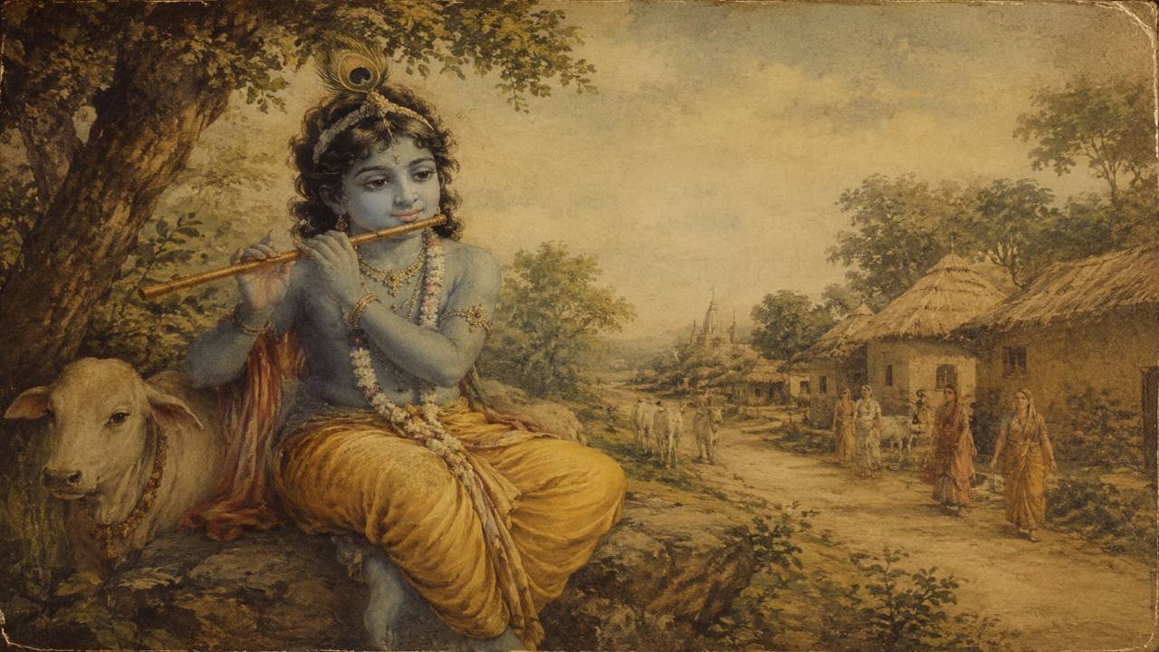 Lord Krishna playing flute under a tree